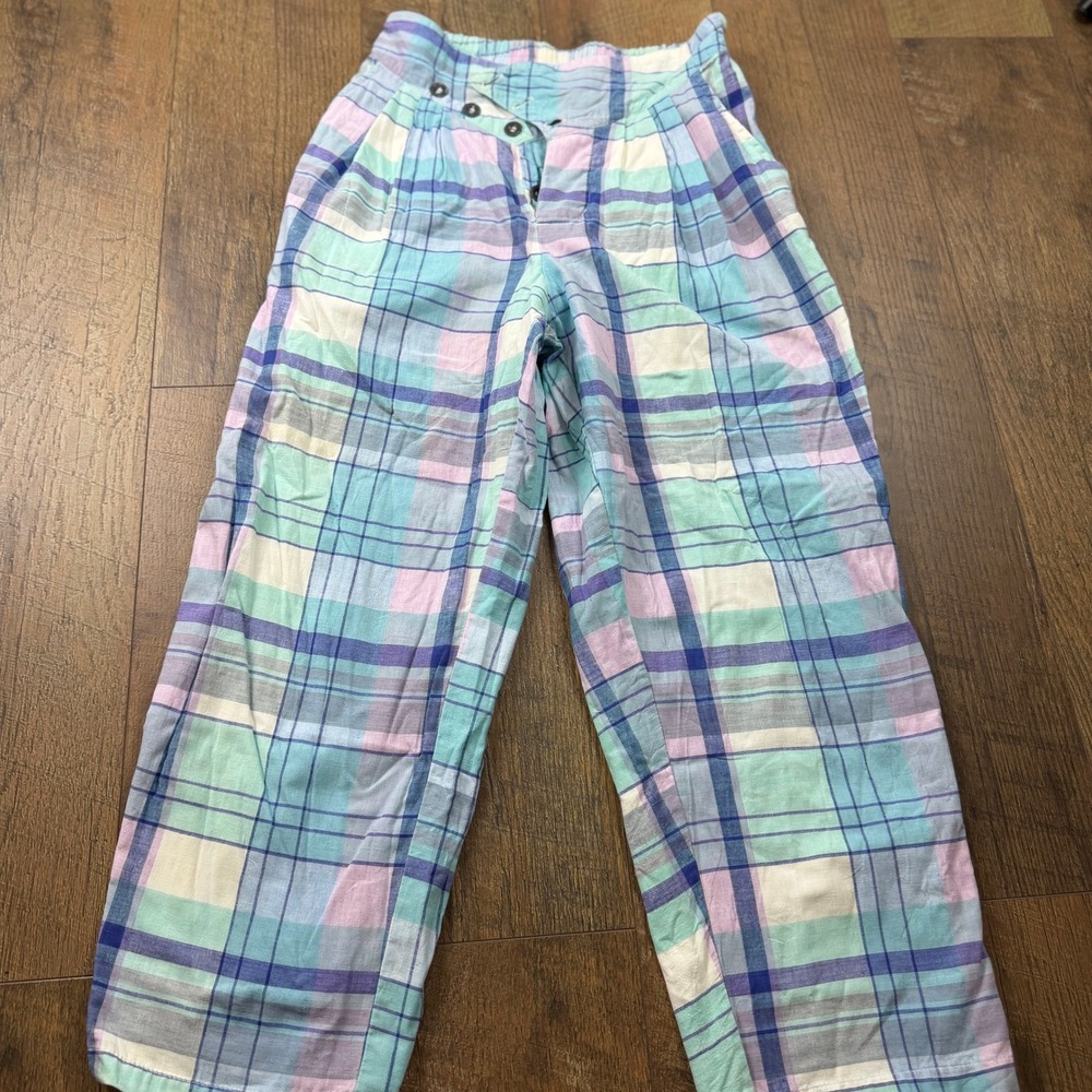Vintage Gotcha Indian Cotton‎ Madras Plaid Pants Size 7 Purple Aqua Blue